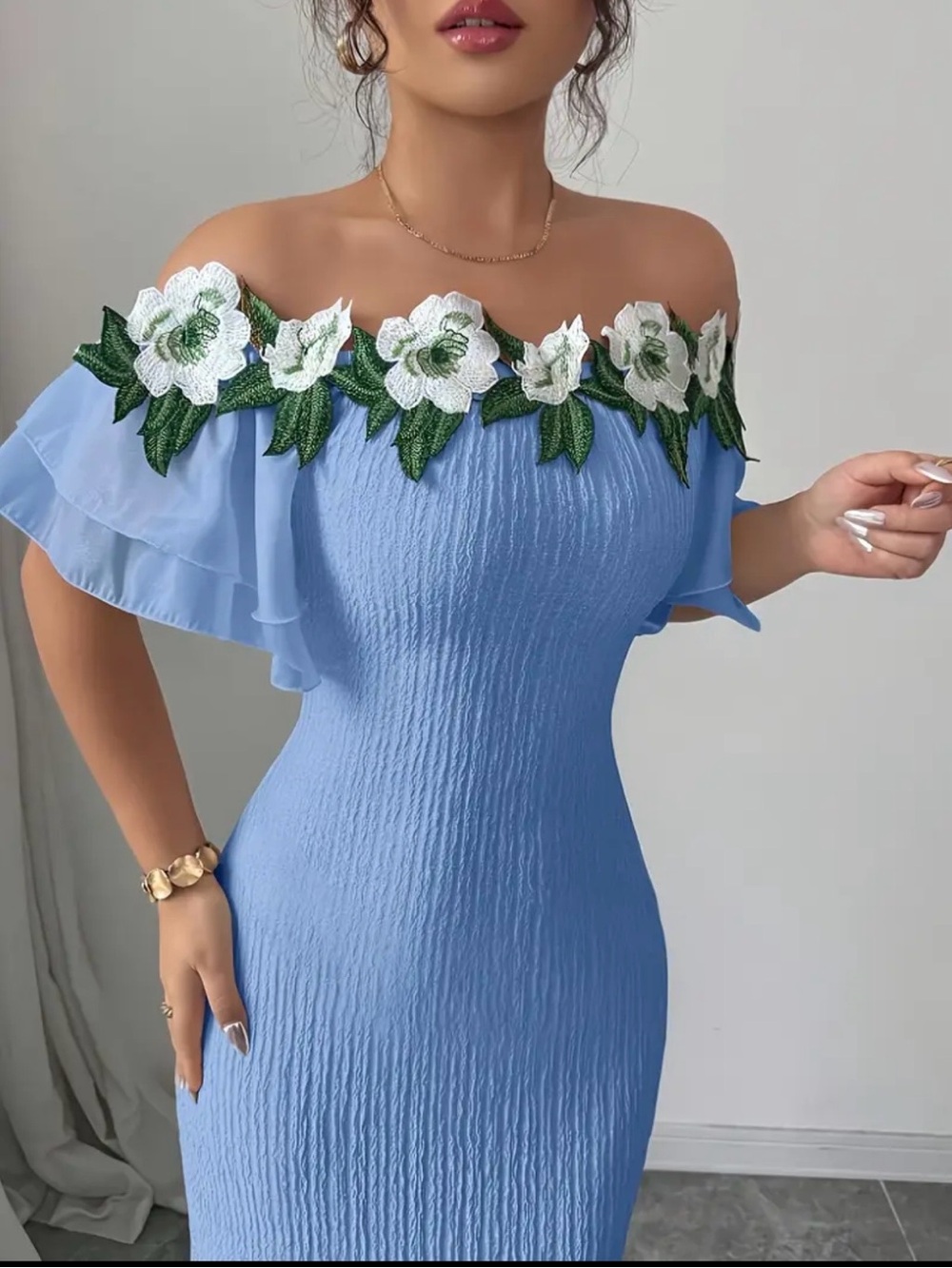 Blue Off-Shoulder Floral Trim Maxi Dress